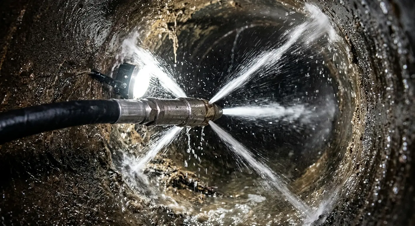 High-pressure hydro jetting nozzle cleaning sewer pipe for Emergency Drain Service in West Bridgewater