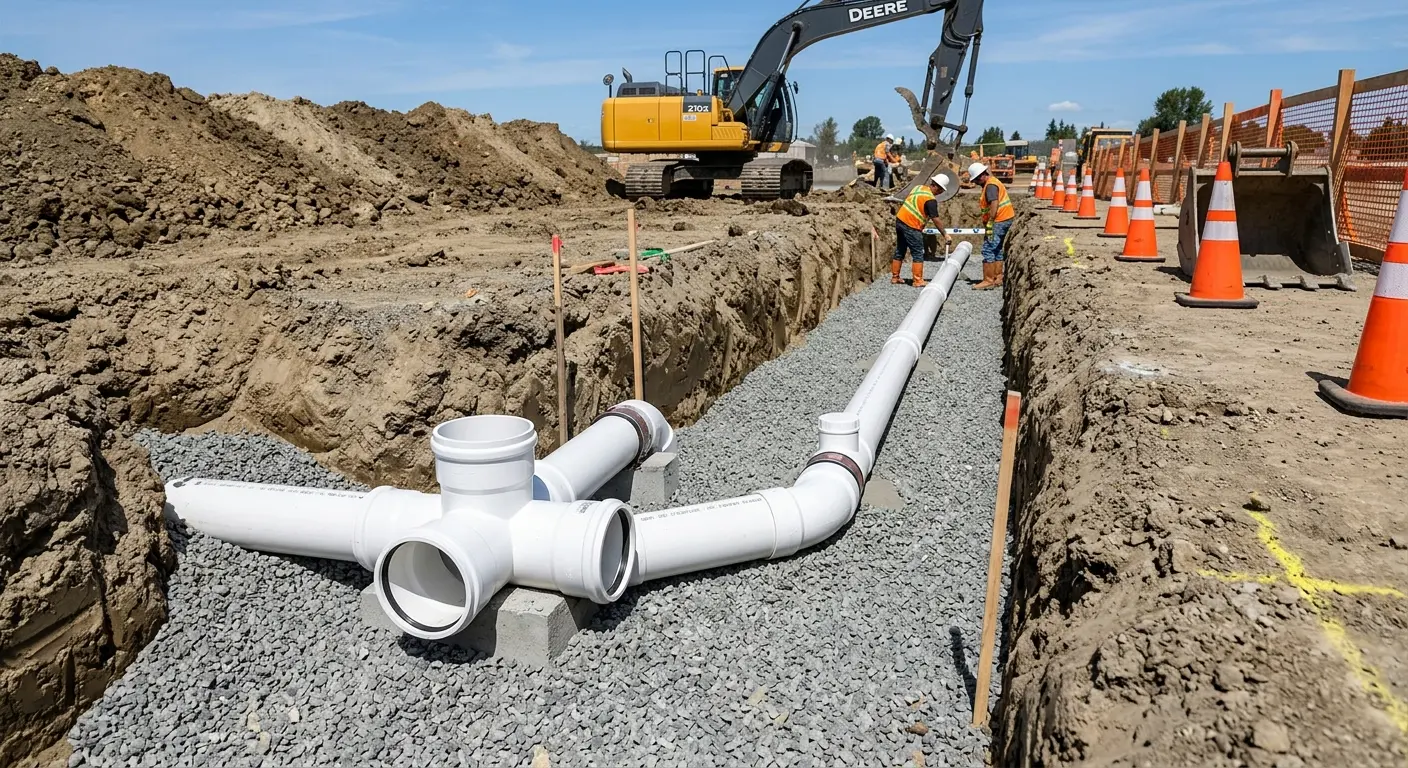 New PVC sewer pipe installation in open trench for Sewer Backup in West Bridgewater