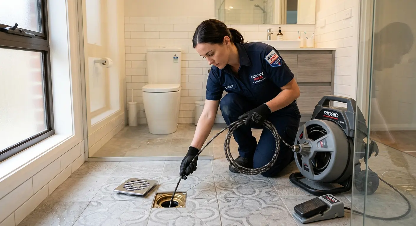 Technician clearing a bathroom floor drain for Drain Cleaning in West Bridgewater